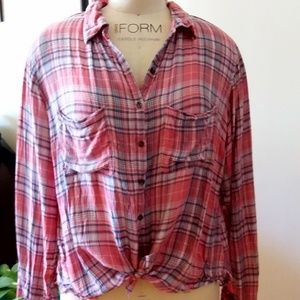 Dark Coral Double Pocket Plaid Shirt